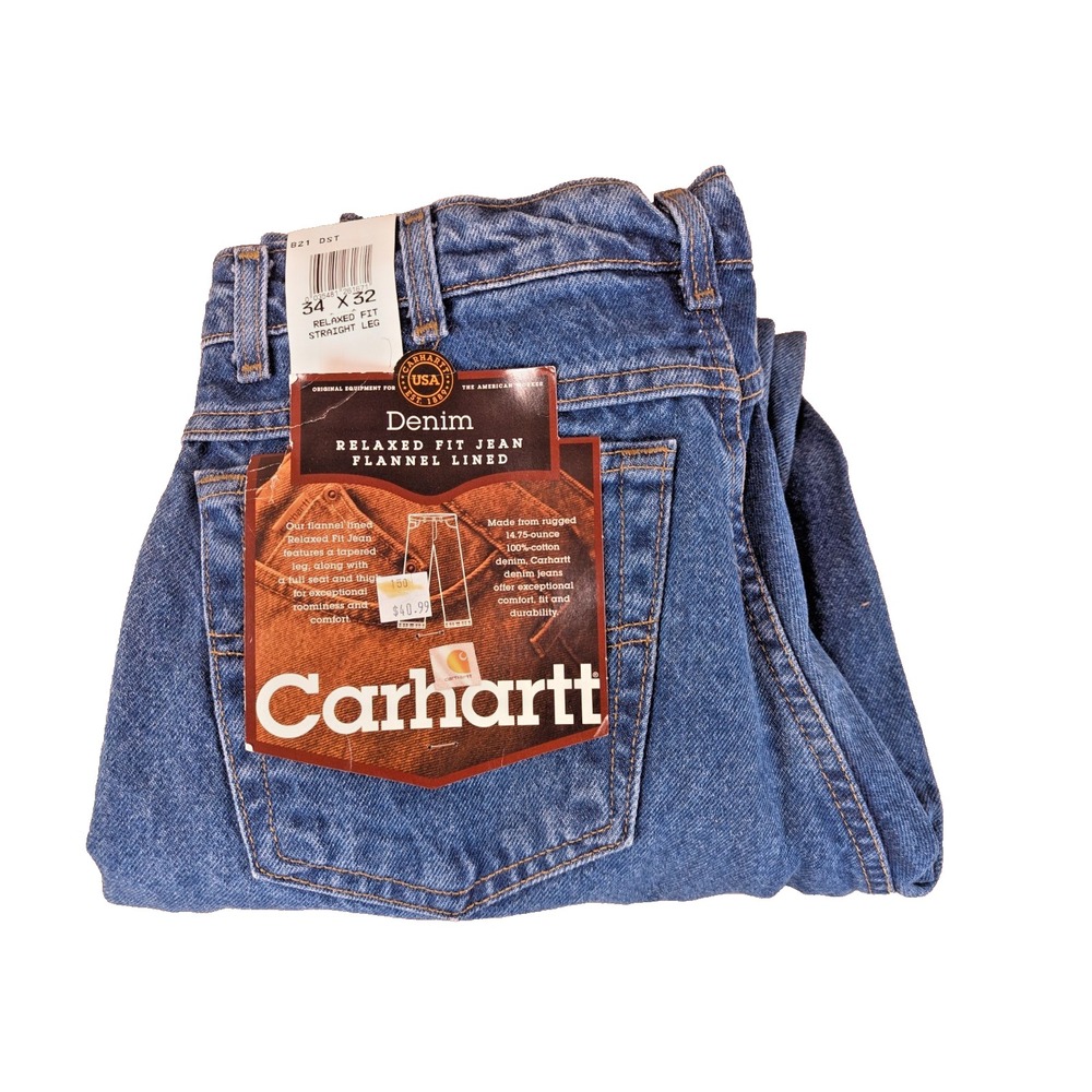 Carhartt B21DST Flannel Lined Denim Jeans Men's Blue Relaxed Fit Straight Leg...